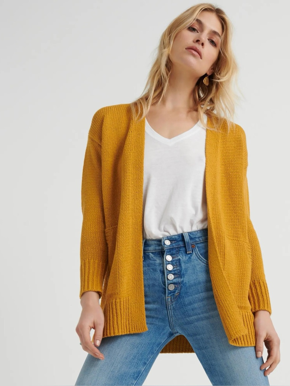Lucky Brand Sweater Womens Small Gold Yellow Cardigan Open Front Long Sleeve